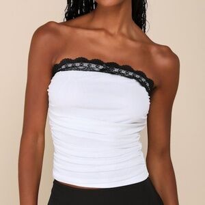 Lulus Flirty Excellence White Mesh Lace Ruched Strapless Top - Size L